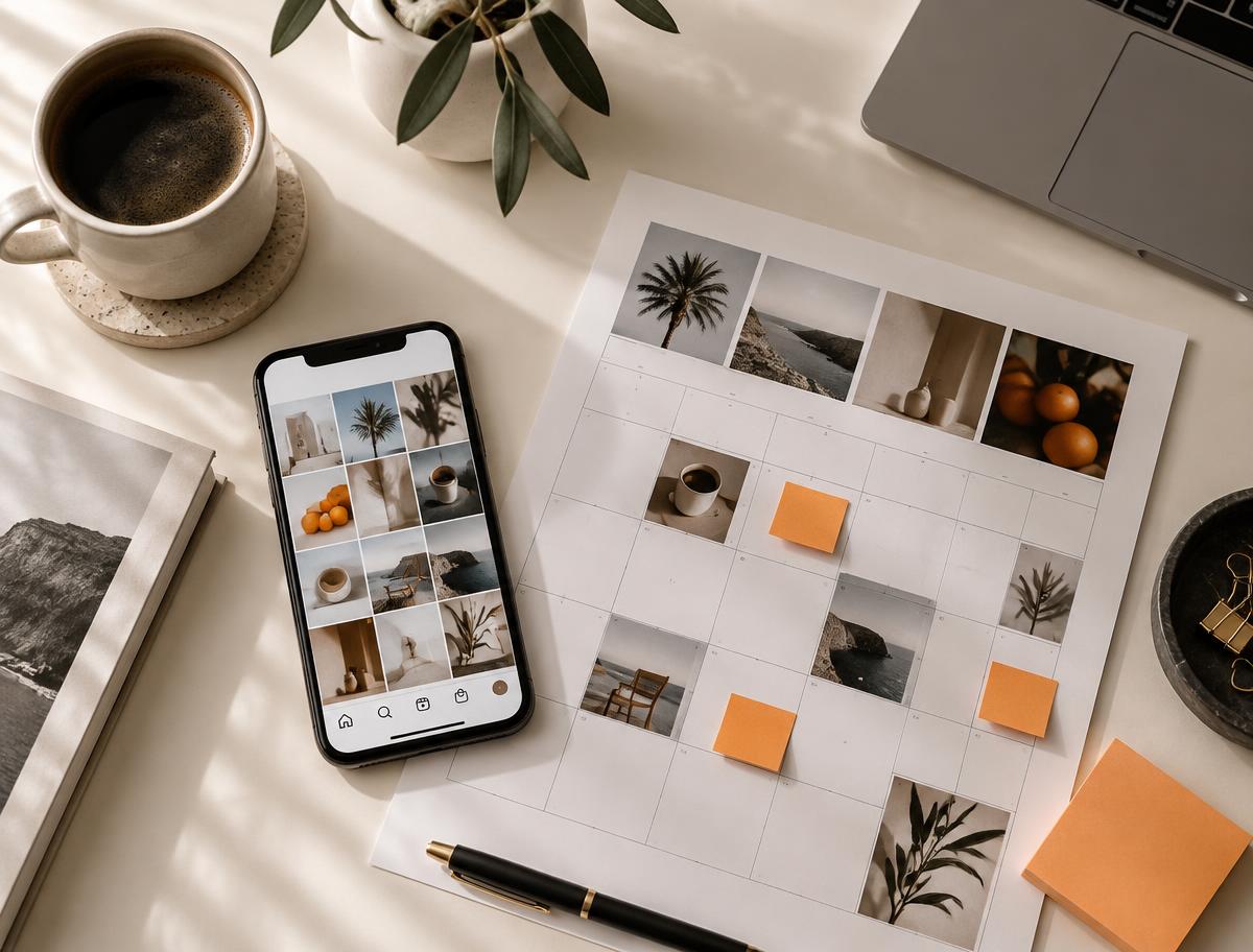 Content calendar, social media grid and campaign planning on a desk